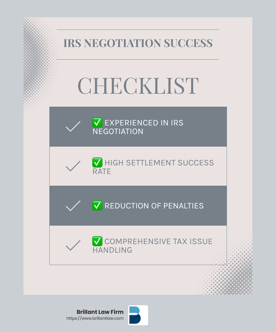 IRS negotiation success rate - California tax attorney infographic checklist-light-blue-grey