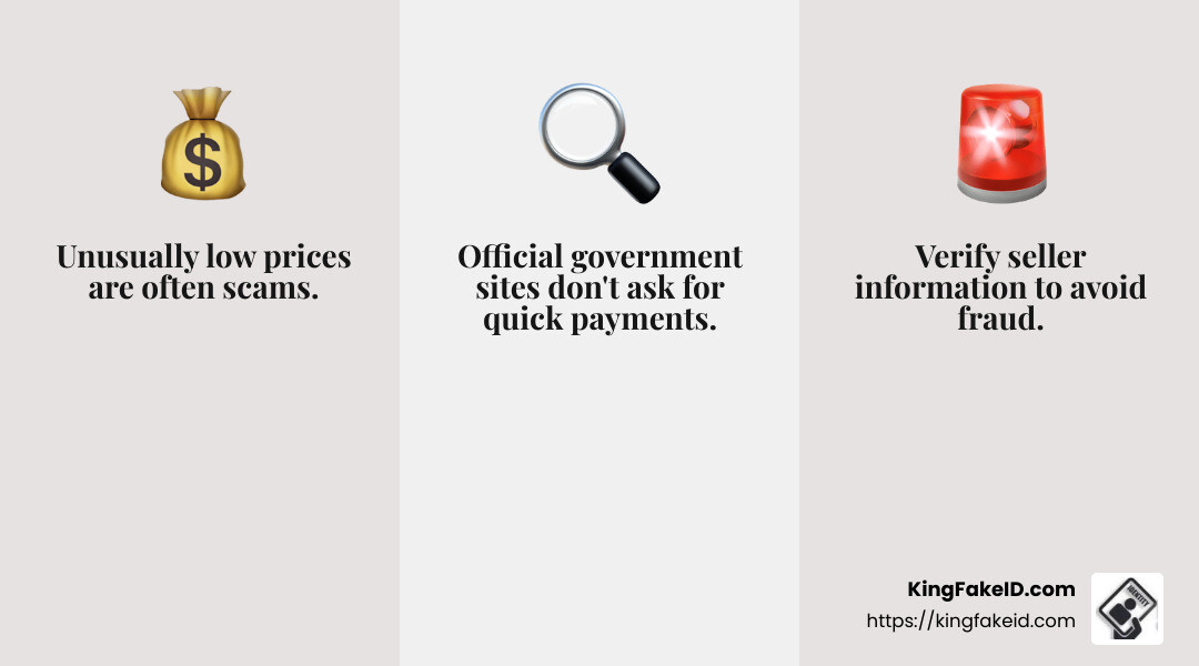 Common red flags include unusually low prices and vague seller information. - real passport for sale infographic 3_facts_emoji_grey