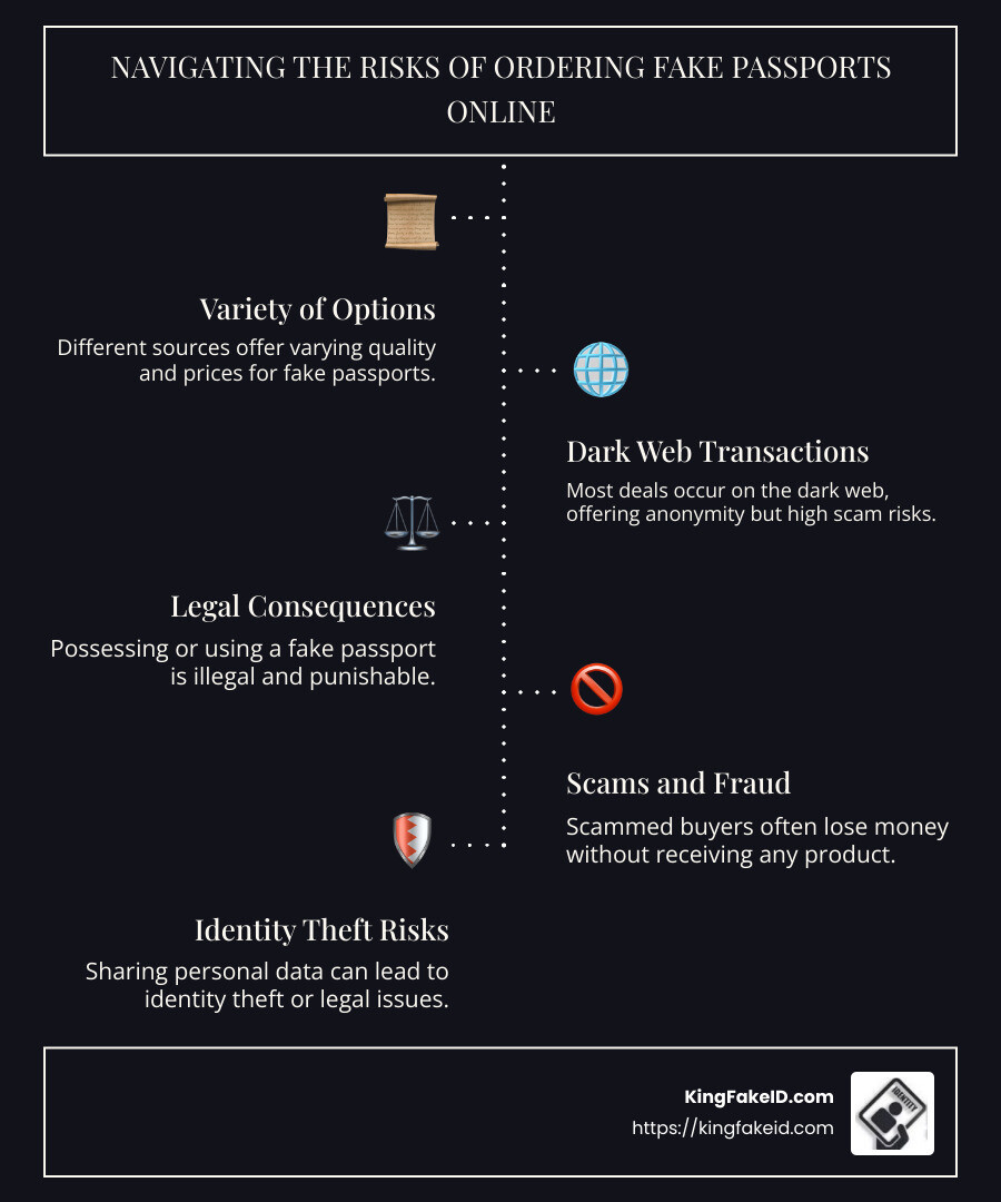 Infographic detailing the risks and options of ordering fake passports online, highlighting key points like legality, scams, and dark web accessibility - order fake passport online infographic infographic-line-5-steps-dark
