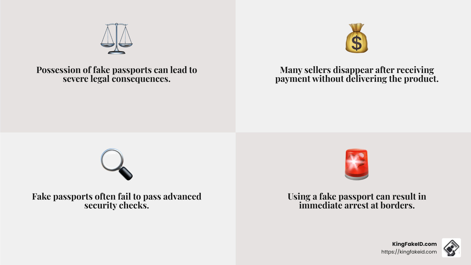 The legal risks of using fake passports are significant and should not be underestimated. - buy a fake passport online infographic 4_facts_emoji_grey