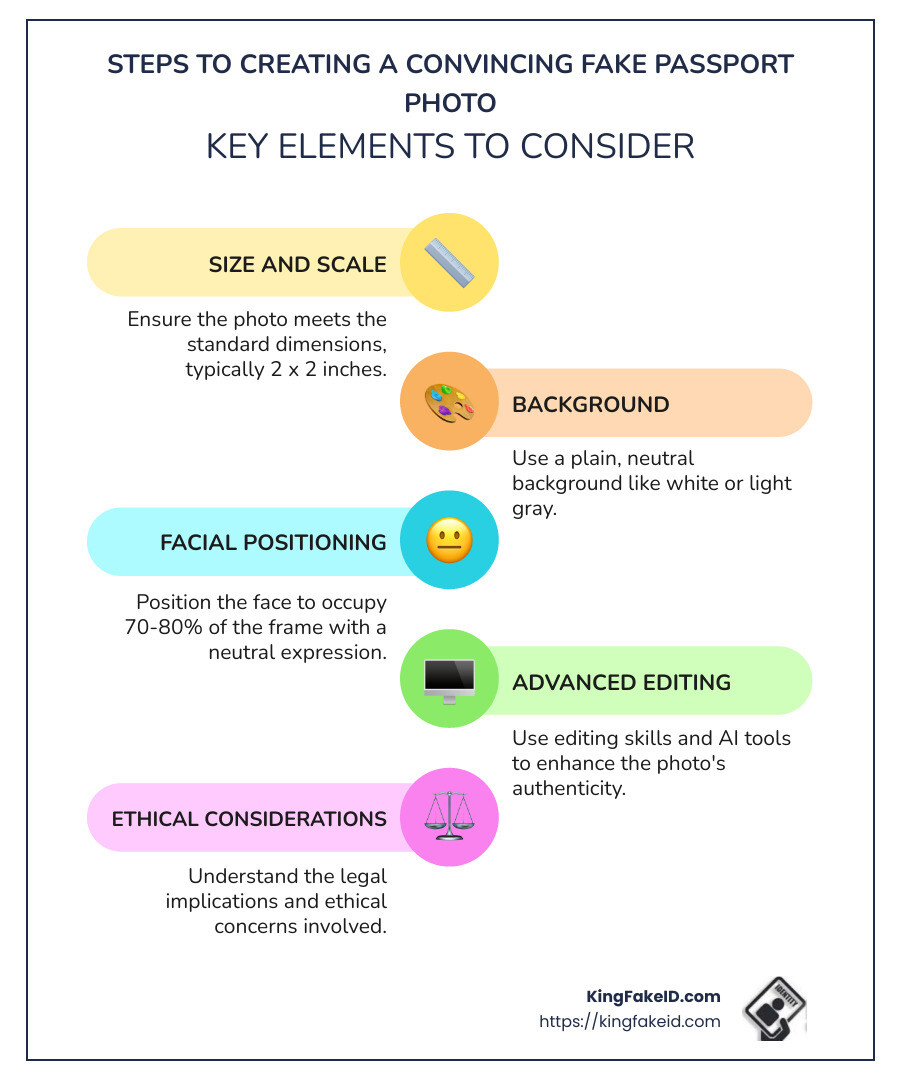 Overview of passport photo creation steps and potential ethical issues involved. - passport fake photo infographic infographic-line-5-steps-colors Overview of passport photo creation steps and potential ethical issues involved. - passport fake photo infographic infographic-line-5-steps-colors
