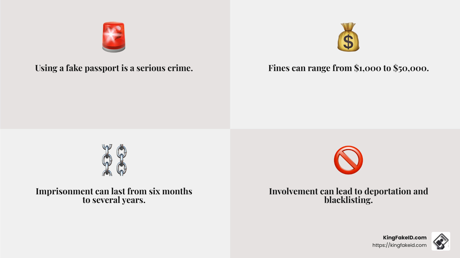 Legal consequences of using a fake passport include fines and imprisonment. - fake mexican passport infographic 4_facts_emoji_grey