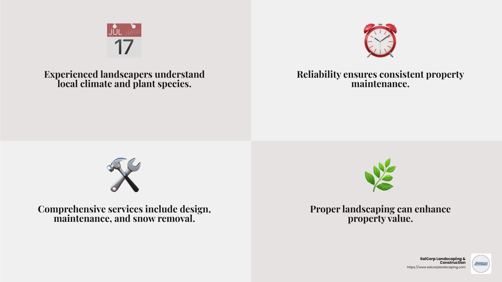 Experience and Reliability Matter - Commercial Landscaper Norwood Massachusetts infographic 4_facts_emoji_grey