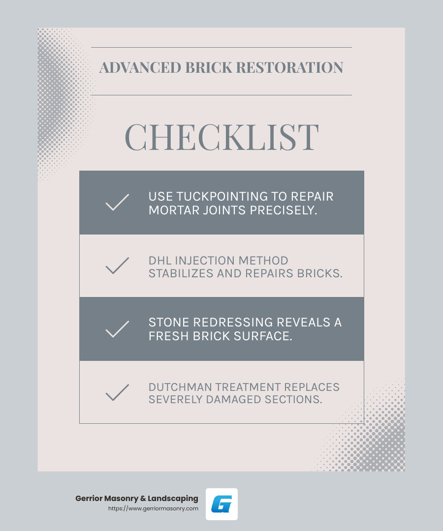 Stone redressing is ideal for minor surface damage, typically limited to half an inch to three-quarters of an inch. - brick restoration infographic checklist-light-blue-grey