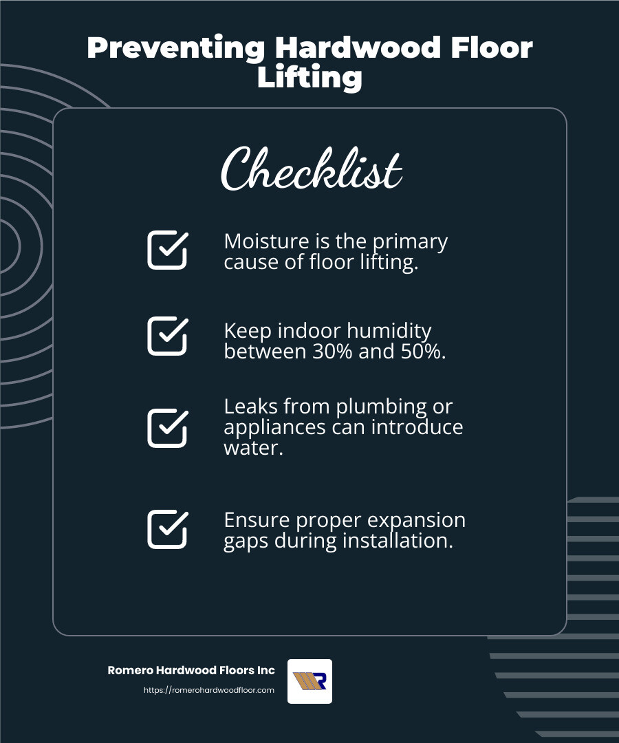 Moisture levels and hardwood floors - hardwood floor lifting repair infographic checklist-dark-blue
