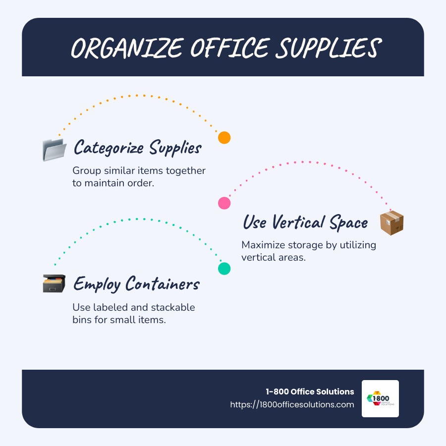 Infographic showing steps for organizing office supplies, including categorization, use of containers, and maximizing space with vertical storage. It emphasizes benefits like reduced stress, increased productivity, and better focus. - best way to organize office supplies infographic infographic-line-3-steps-blues-accent_colors Infographic showing steps for organizing office supplies, including categorization, use of containers, and maximizing space with vertical storage. It emphasizes benefits like reduced stress, increased productivity, and better focus. - best way to organize office supplies infographic infographic-line-3-steps-blues-accent_colors
