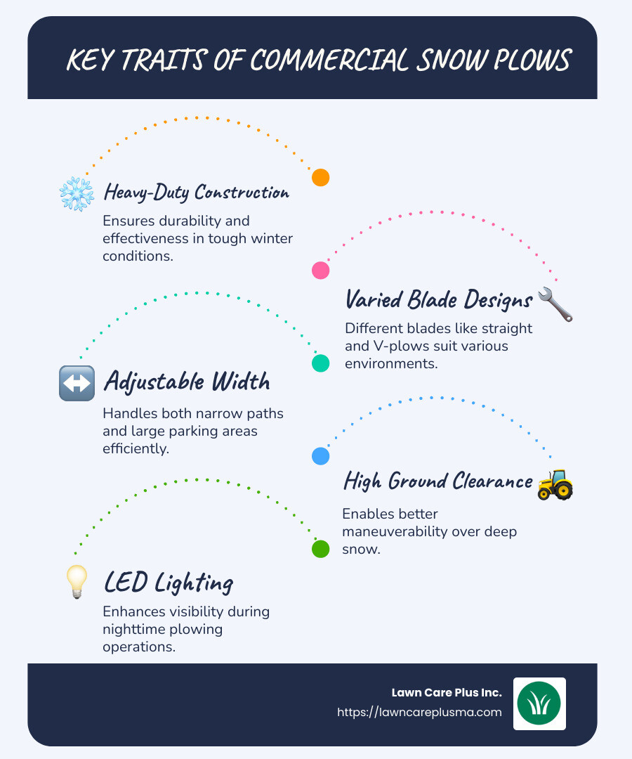 Infographic on key traits of commercial snow plows - commercial snow plow infographic infographic-line-5-steps-blues-accent_colors