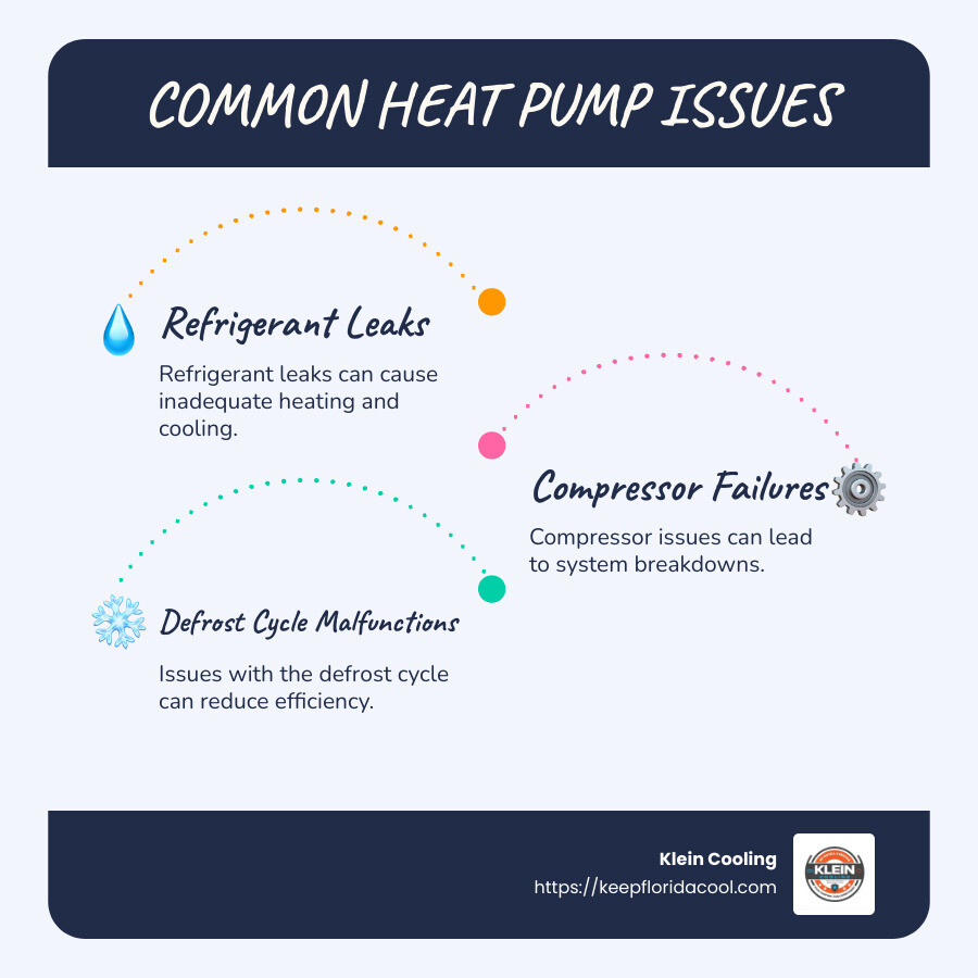 Components of a heat pump system and common issues infographic - Heat pump repair service infographic infographic-line-3-steps-blues-accent_colors