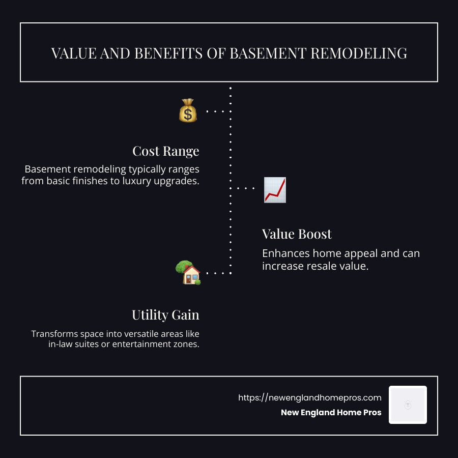 Infographic detailing cost range, value increase, and utility gain of basement remodeling - Basement Remodeling infographic infographic-line-3-steps-dark