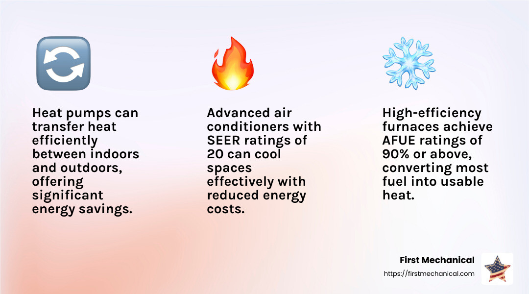 High-efficiency furnaces can convert up to 90% of fuel into usable heat. - Energy-efficient HVAC systems infographic 3_facts_emoji_light-gradient