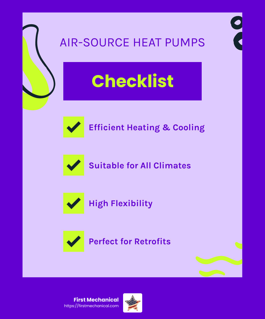 Air-source heat pumps are a top choice for energy efficiency due to their ability to provide heating and cooling with minimal energy use. - Energy-efficient HVAC systems infographic checklist-fun-neon