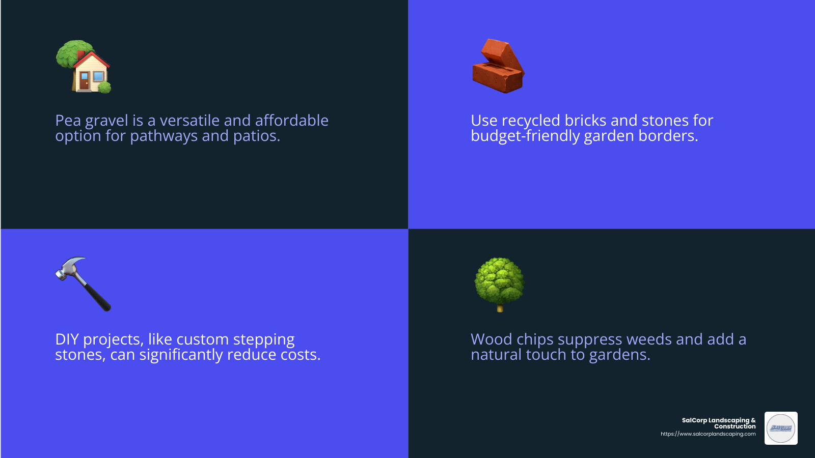 Affordable hardscape options can transform your yard without a hefty price tag. Source: SalCorp Landscaping & Construction - hardscape ideas infographic 4_facts_emoji_blue