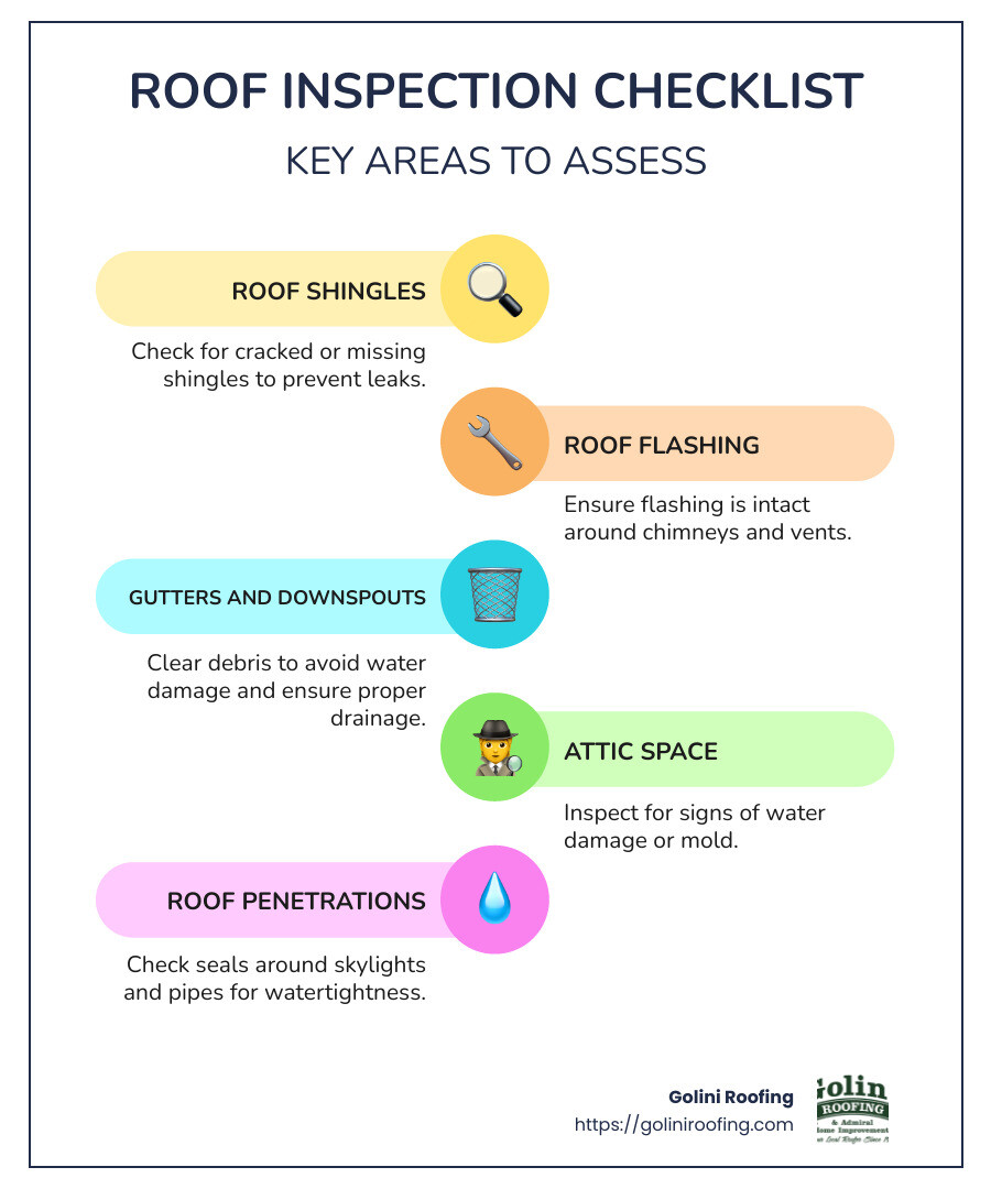 Infographic of the benefits and checklist items for roof inspections including images of worn shingles, mold, and gutter debris - Roof Inspections infographic infographic-line-5-steps-colors