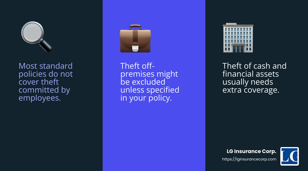Employee theft is a common exclusion in commercial property insurance. - is theft covered under commercial property insurance infographic 3_facts_emoji_blue