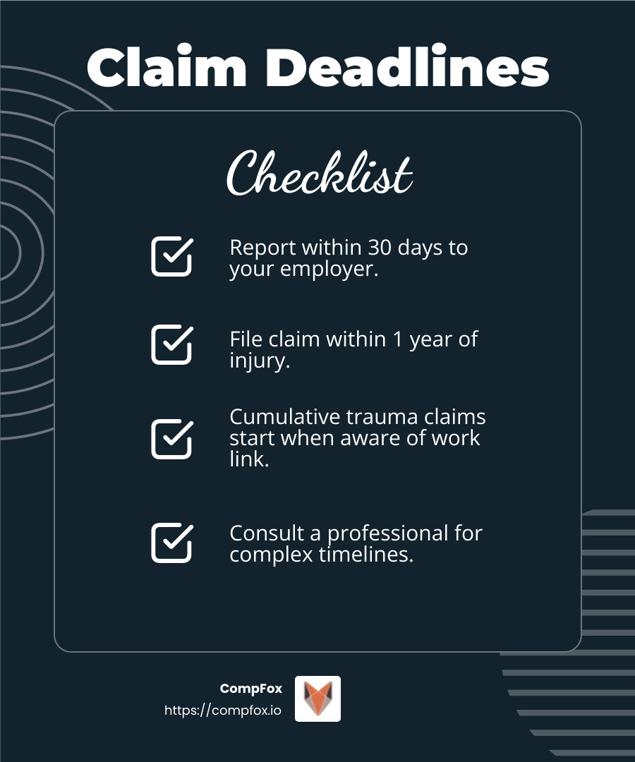 Understanding the importance of deadlines can safeguard your rights to compensation. - how to file a workers compensation claim in california infographic checklist-dark-blue