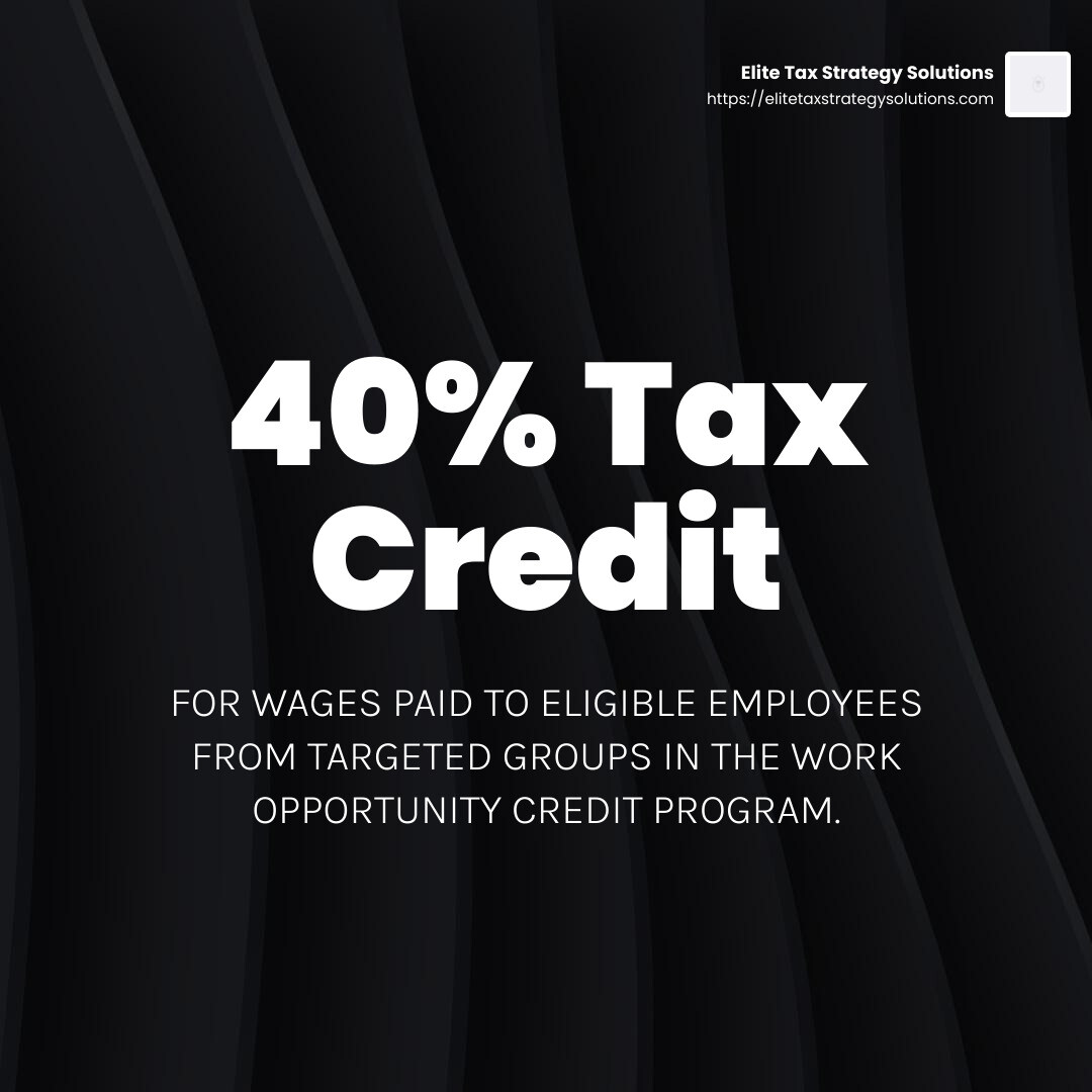 The Work Opportunity Credit provides a tax credit of up to 40% of the first $6,000 of wages paid to eligible employees. - business tax planning infographic simple-stat-dark