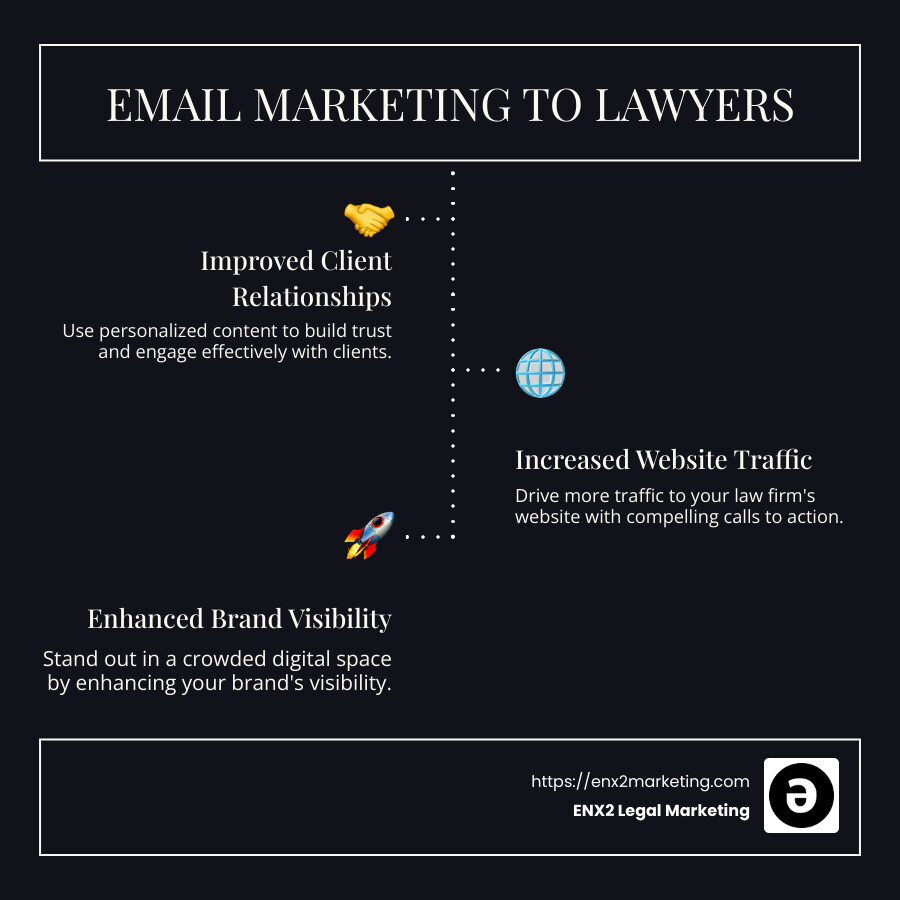 Infographic showing benefits and tips for email marketing to lawyers, including improved client relationships, increased website traffic, and improved brand visibility. It also highlights key strategies such as personalization, segmentation, and calls to action. - email marketing to lawyers infographic infographic-line-3-steps-dark
