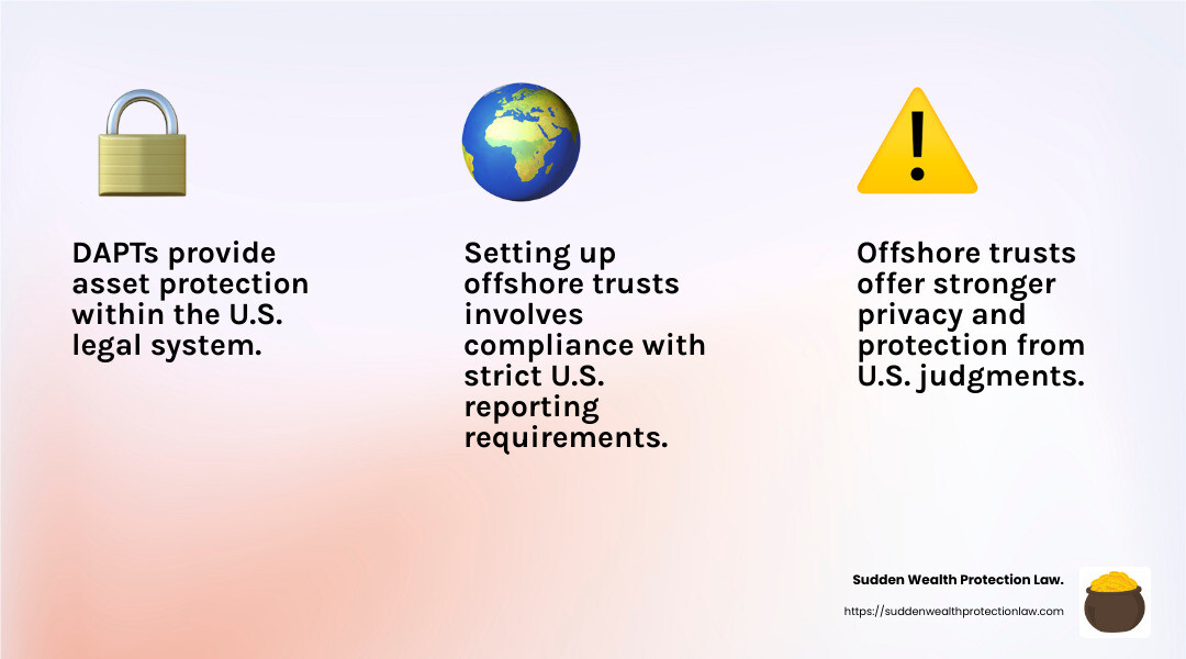 Offshore trusts offer strong protection against U.S. judgments, but require careful compliance with reporting standards. - Protecting assets from creditors infographic 3_facts_emoji_light-gradient