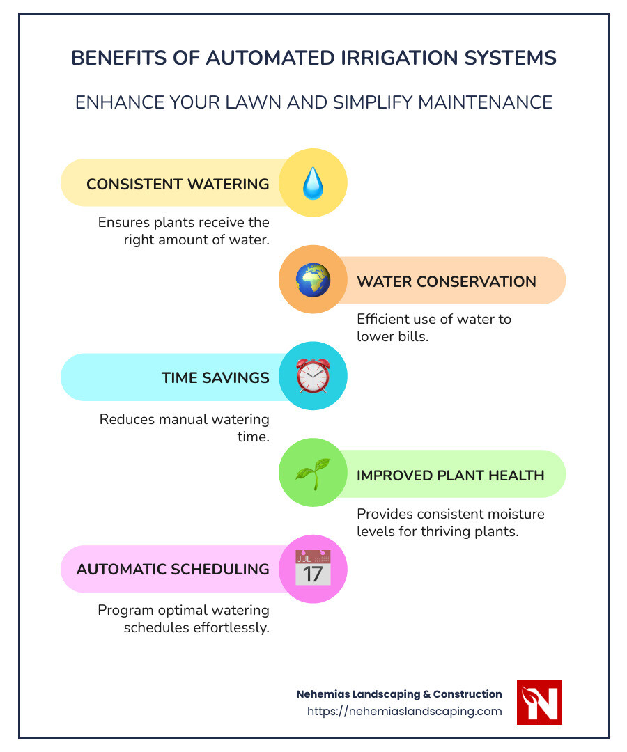 Benefits of Automated Irrigation Systems - irrigation system installation infographic infographic-line-5-steps-colors