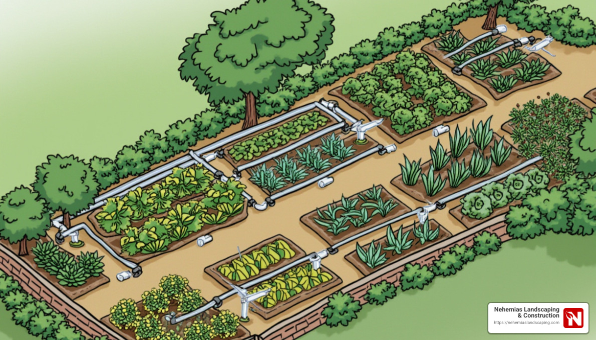 Garden layout with irrigation zones - irrigation system installation
