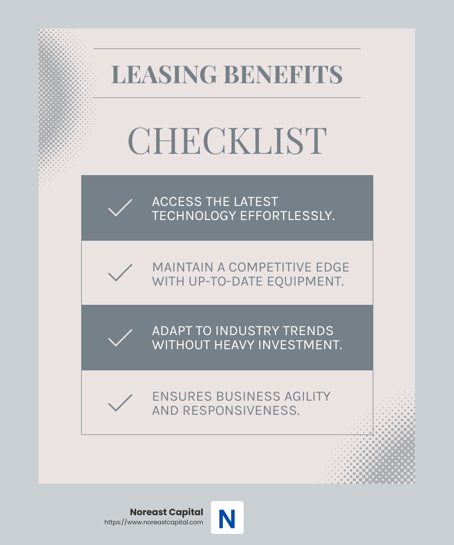 Leasing enables businesses to adapt quickly and efficiently to industry trends, keeping them at the forefront of their markets. - benefits of leasing equipment for your business infographic checklist-light-blue-grey