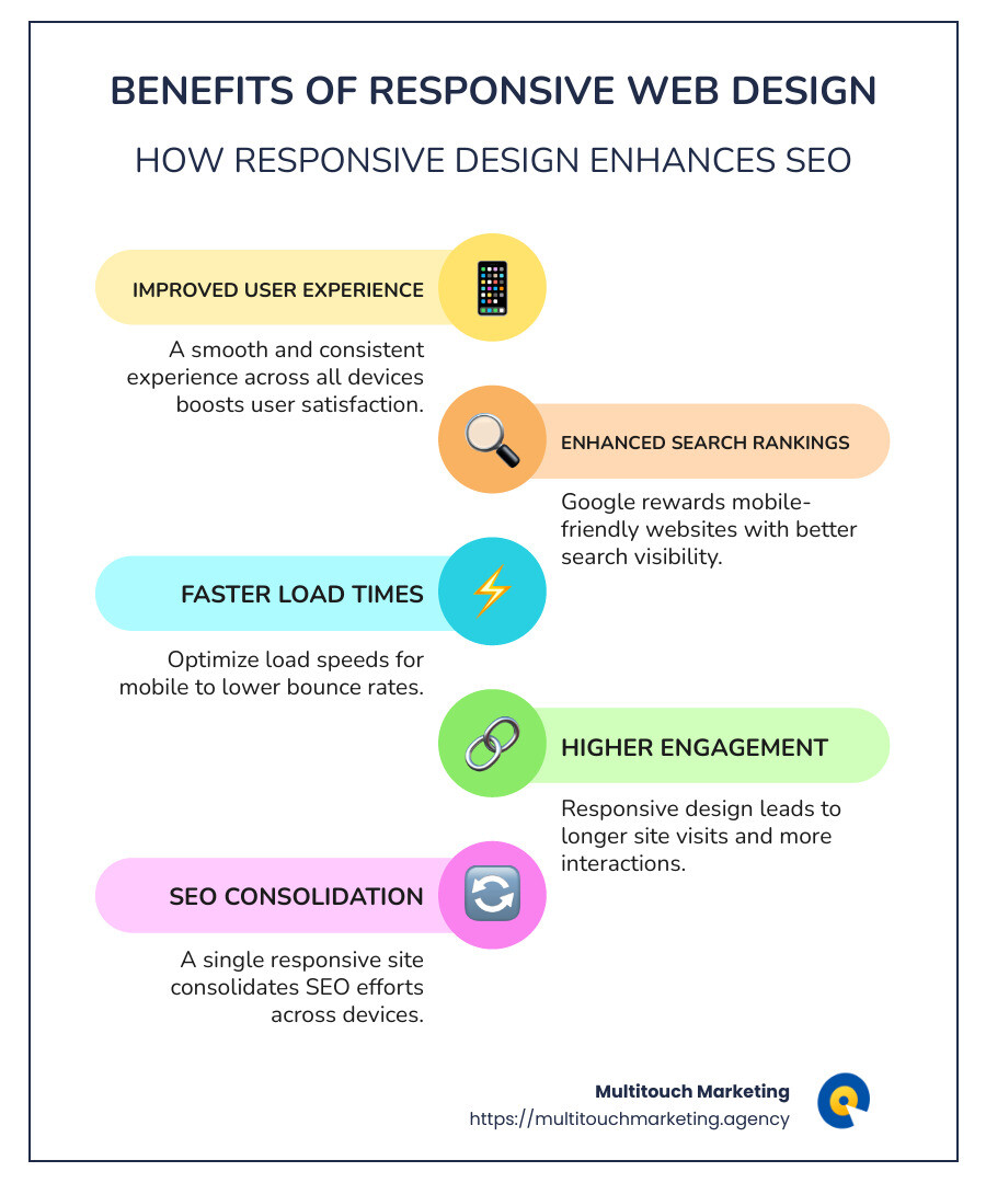 Infographic detailing benefits of responsive web design - responsive web design and search engine optimization infographic infographic-line-5-steps-colors