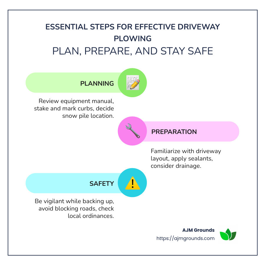 Infographic demonstrating driveway plowing planning, preparation, and safety tips - plowing residential driveways infographic infographic-line-3-steps-colors