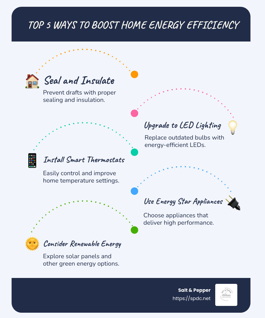 Infographic showing quick ways to improve home energy efficiency, including sealing drafts, upgrading lighting, and installing smart thermostats - best ways to improve home energy efficiency infographic infographic-line-5-steps-blues-accent_colors