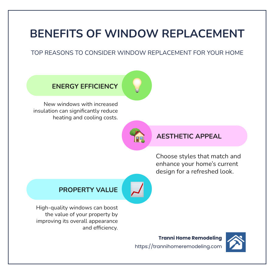 Window replacement benefits and energy efficiency factors infographic - windows replacement company infographic infographic-line-3-steps-colors