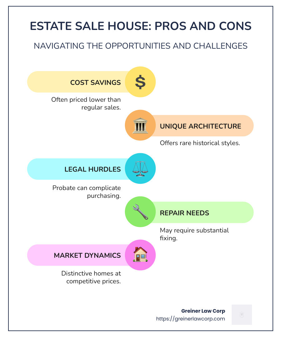 Infographic showing estate sale benefits and potential challenges, including cost savings, unique architecture, legal problems, and repair needs - estate sale house infographic infographic-line-5-steps-colors