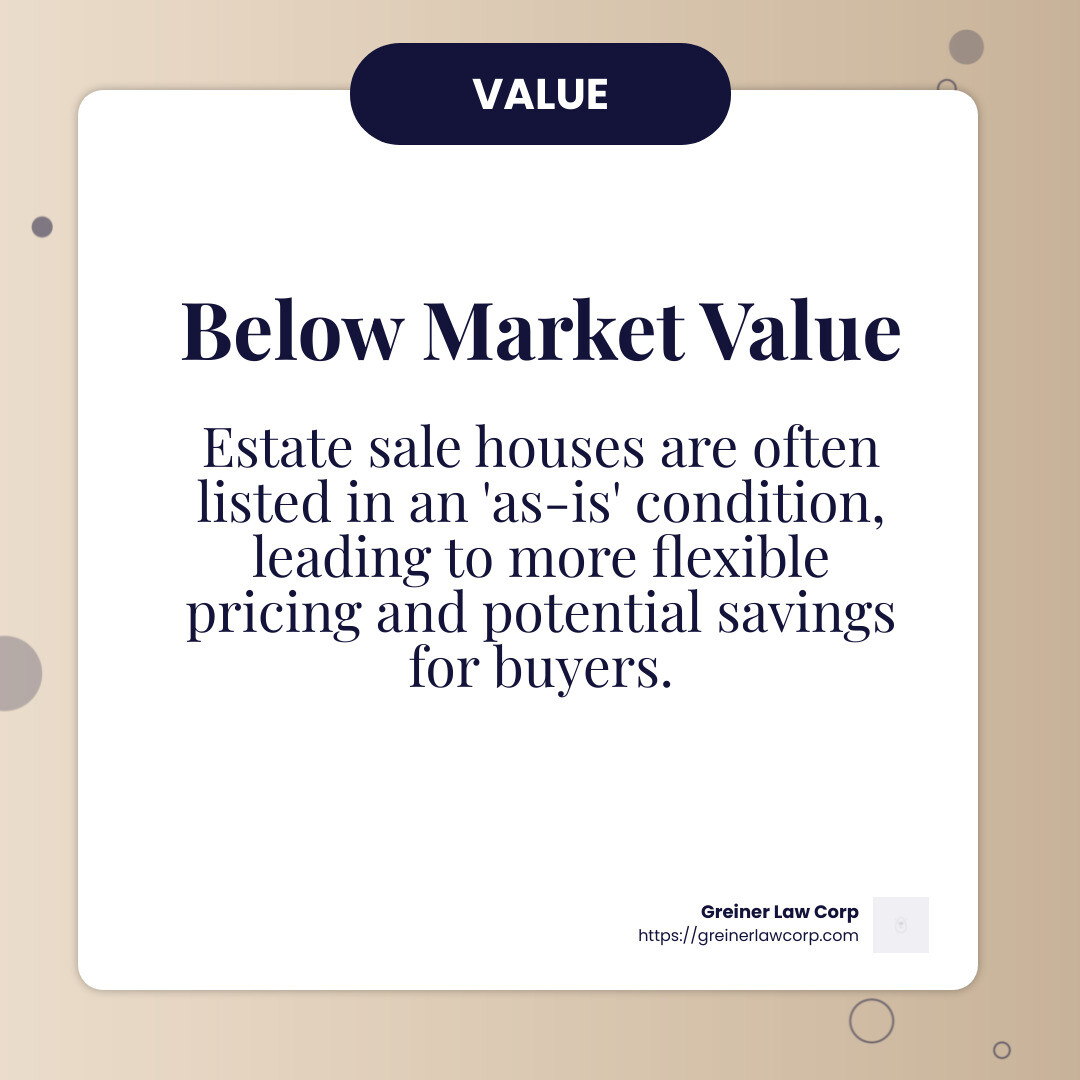 Properties are often sold below market value because they are listed in an 'as-is' condition. - estate sale house infographic simple-info-card