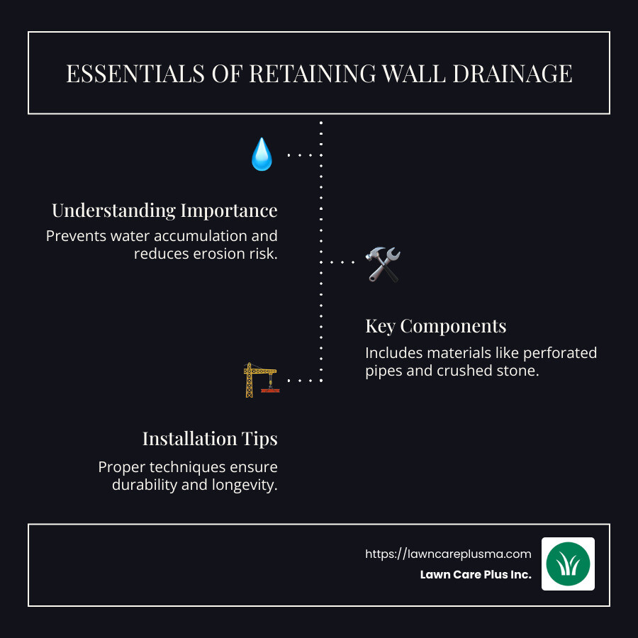 Infographic explaining retaining wall drainage process - retaining wall drainage infographic infographic-line-3-steps-dark