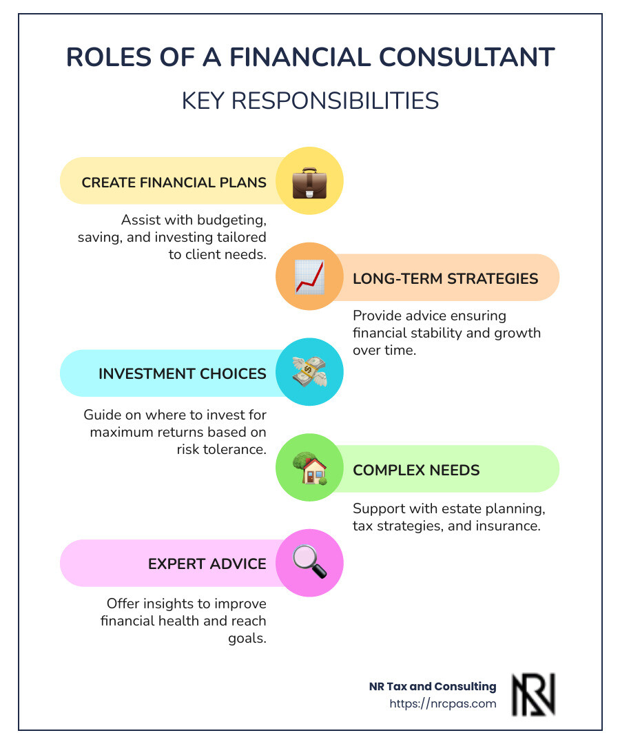 Overview of Financial Consultant Responsibilities - financial consultant infographic infographic-line-5-steps-colors