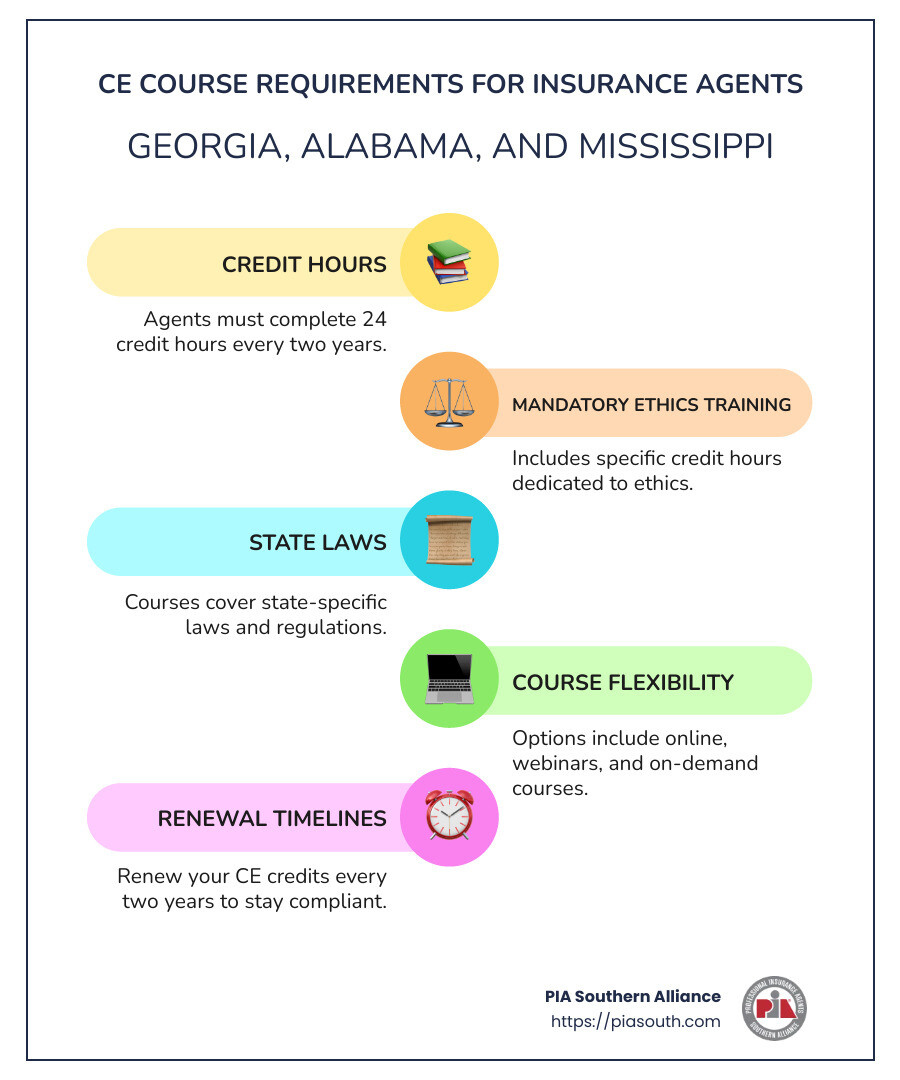 Infographic detailing CE course requirements for property and casualty insurance agents in Georgia, Alabama, and Mississippi, includes mandatory credit hours, ethics training specifics, and renewal timelines per state. - ce classes for insurance agents infographic infographic-line-5-steps-colors