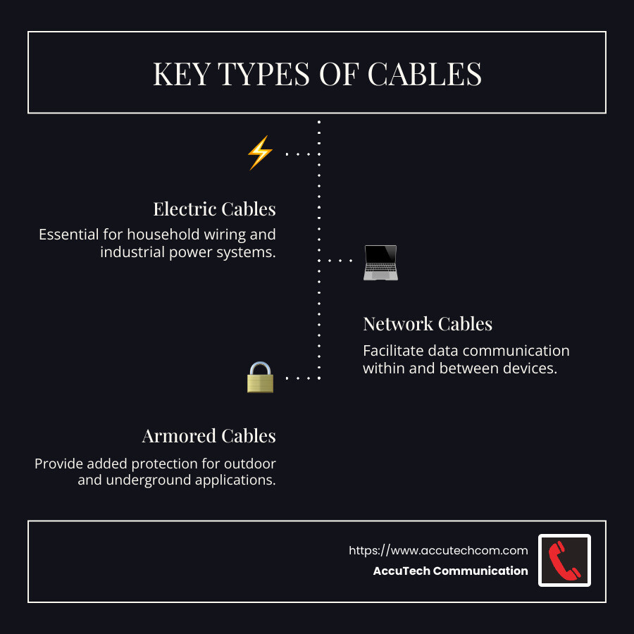 Infographic showing different types of cables and their uses - types of cables infographic infographic-line-3-steps-dark