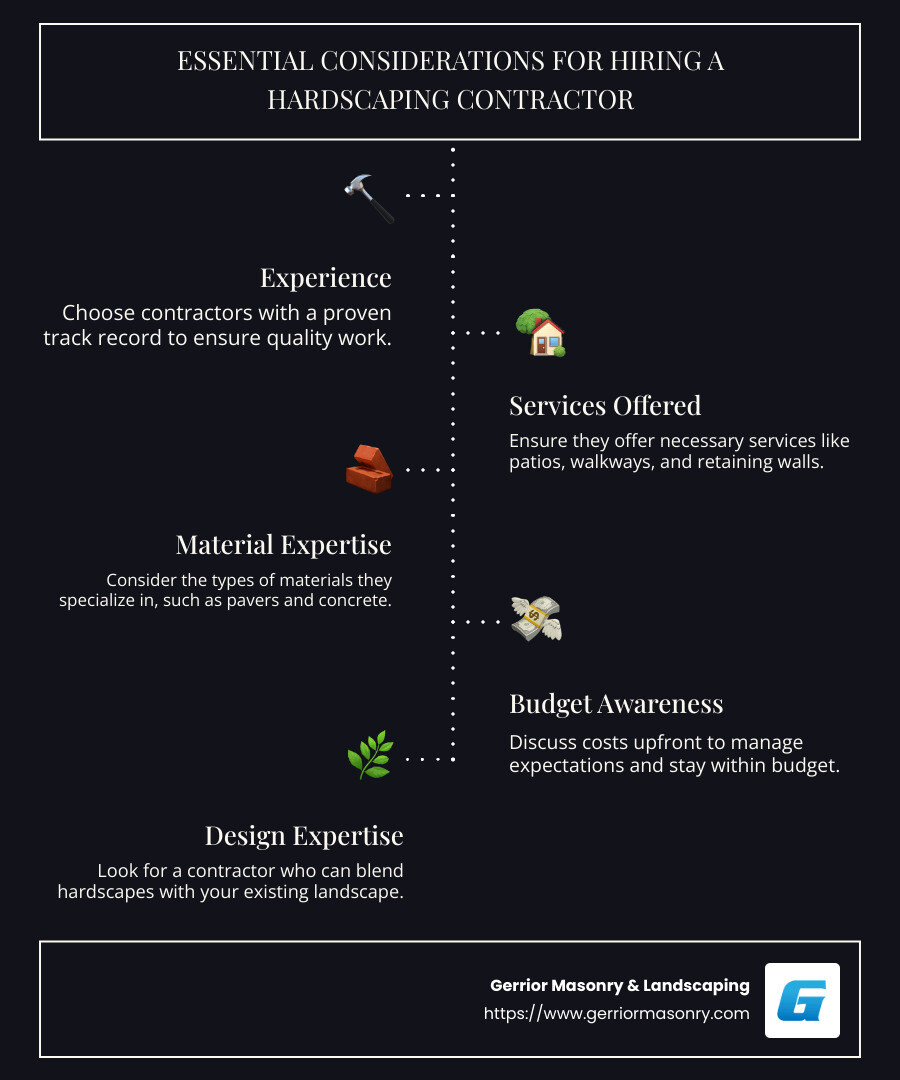 Essential considerations when hiring a hardscaping contractor: Experience, Services Offered, Material Expertise, Budget Awareness, Design Expertise - hardscaping contractor infographic infographic-line-5-steps-dark