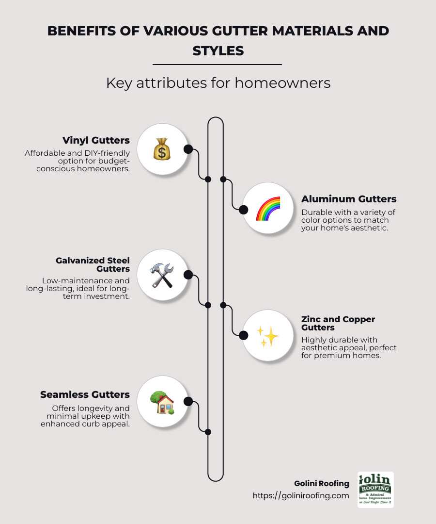 Infographic illustrating the benefits of various gutter materials and styles available for homeowners, highlighting key attributes such as durability, cost-effectiveness, and visual appeal, sourced from research on local gutter installation services. - gutter installers in the area infographic infographic-line-5-steps-neat_beige