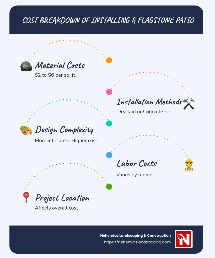 Detailed infographic showing a breakdown of flagstone patio installation costs, including factors like material costs, labor expenses, and additional customization fees. - how much does it cost to install a flagstone patio infographic infographic-line-5-steps-blues-accent_colors