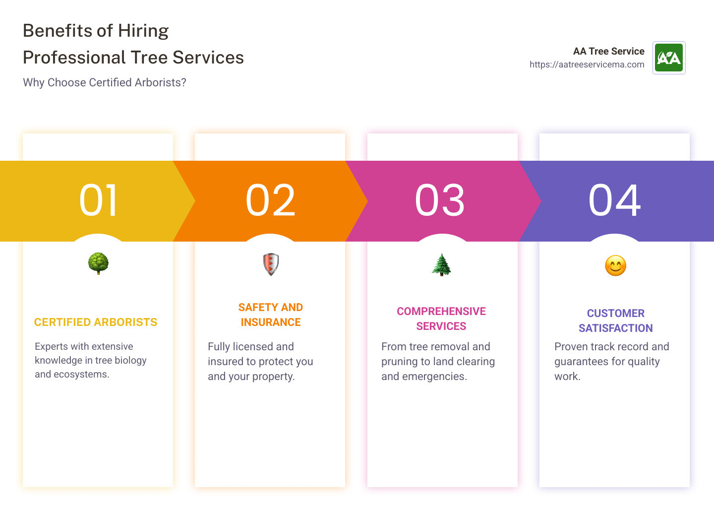 Benefits of hiring professional tree services in Massachusetts, including certified arborists, comprehensive solutions, safety insurance, emergency services, and customer satisfaction guarantees. - Professional tree service Massachusetts infographic pillar-4-steps
