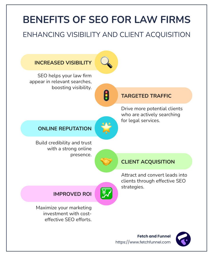 Infographic of SEO benefits for law firms: increased visibility, client acquisition through targeted search, online reputation building - seo marketing for law firms infographic infographic-line-5-steps-colors