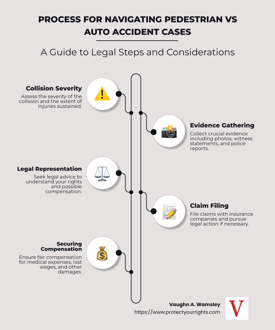 Various factors and processes involved in pedestrian vs auto accident legal cases in Indianapolis, including common causes, evidence gathering, and compensation rights - pedestrian vs auto accident attorney indianapolis infographic infographic-line-5-steps-neat_beige