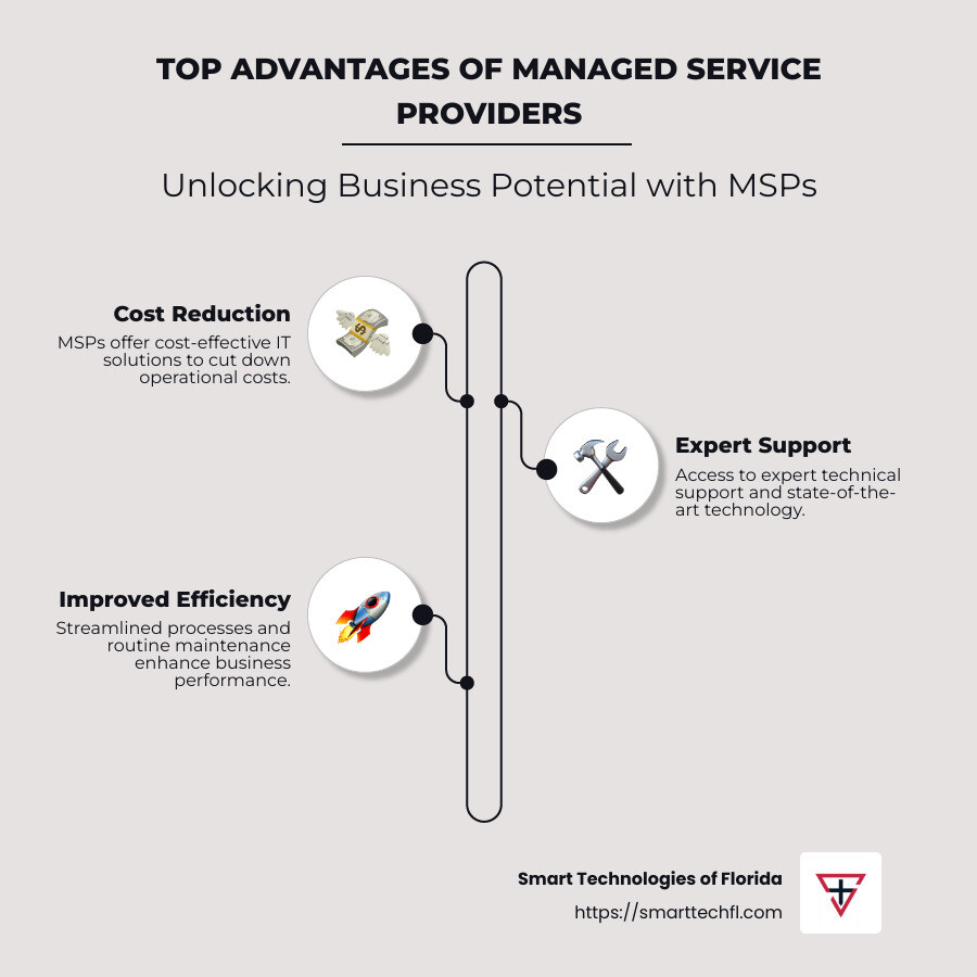 infographic of top advantages offered by MSPs: cost reduction, expert support, improved efficiency, improved security, scalability options - managed service provider infographic infographic-line-3-steps-neat_beige