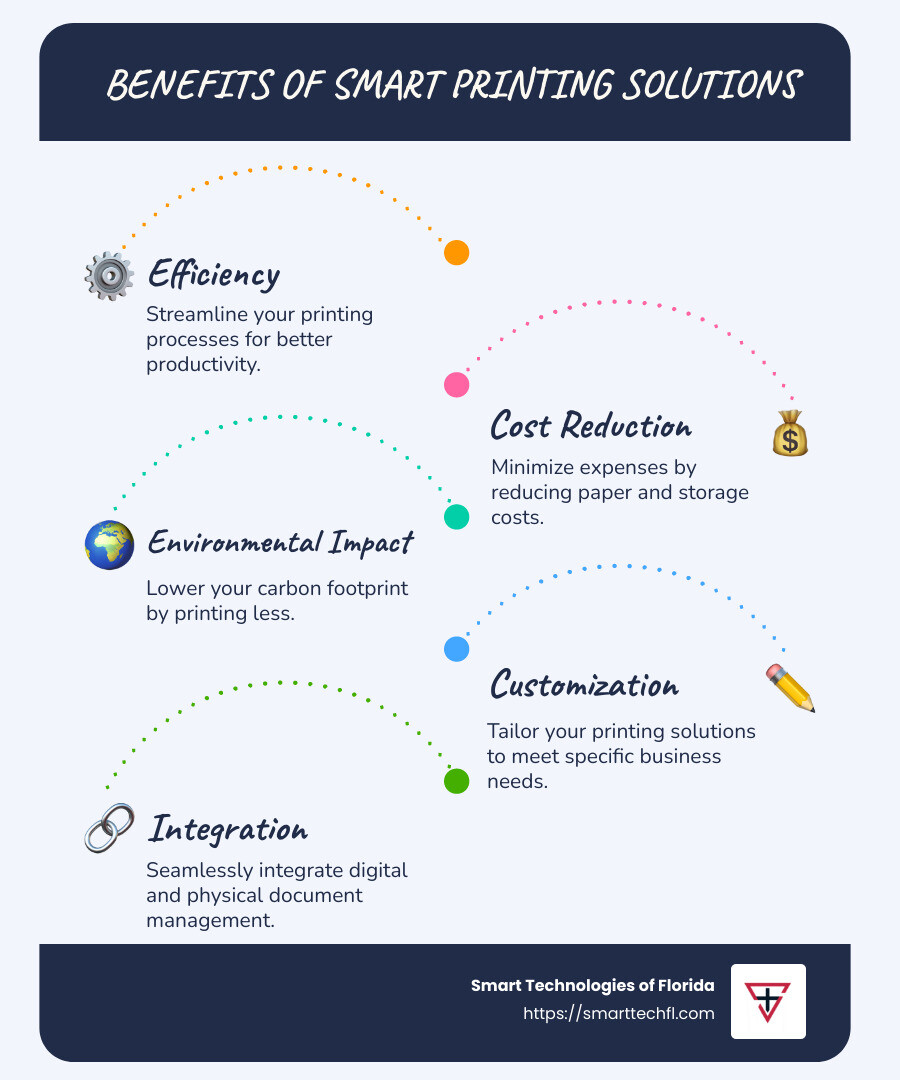 Smart Printing Solutions: Revolutionizing the Print World 1 Benefits of Smart Printing Solutions: Efficiency, Cost Reduction, Environmental Impact, Customization - smart printing solutions infographic infographic-line-5-steps-blues-accent_colors