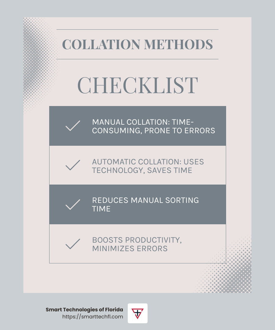 Automatic collation significantly boosts productivity by reducing manual sorting time. - collated printing double sided infographic checklist-light-blue-grey