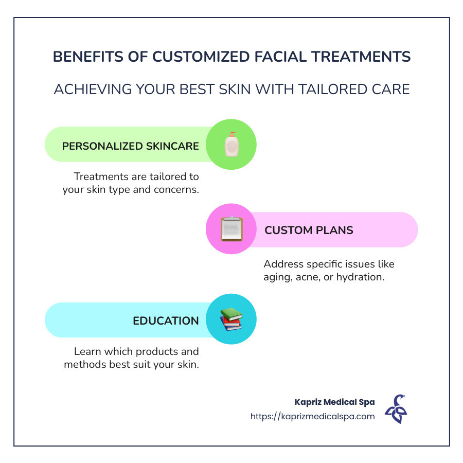 Infographic on benefits of customized facial treatments: Personalized skincare treatments, custom plans, knowledge sharing about skincare products and techniques - Customized facial treatments infographic infographic-line-3-steps-colors