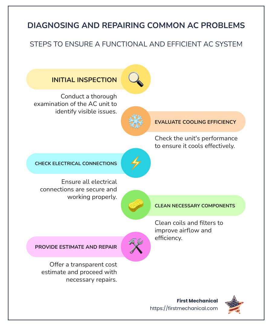 A detailed infographic illustrating the process of diagnosing and repairing common AC problems, including steps like initial inspection, evaluating cooling efficiency, checking electrical connections, cleaning necessary components, providing an estimate, and final repair actions. Includes icons representing each step alongside easy-to-understand text. - air conditioning repair brandon fl infographic infographic-line-5-steps-colors A detailed infographic illustrating the process of diagnosing and repairing common AC problems, including steps like initial inspection, evaluating cooling efficiency, checking electrical connections, cleaning necessary components, providing an estimate, and final repair actions. Includes icons representing each step alongside easy-to-understand text. - air conditioning repair brandon fl infographic infographic-line-5-steps-colors
