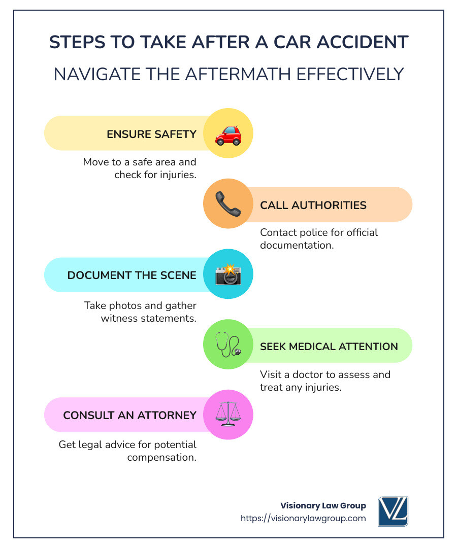 Steps to Take After a Car Accident - auto accident attorney infographic infographic-line-5-steps-colors
