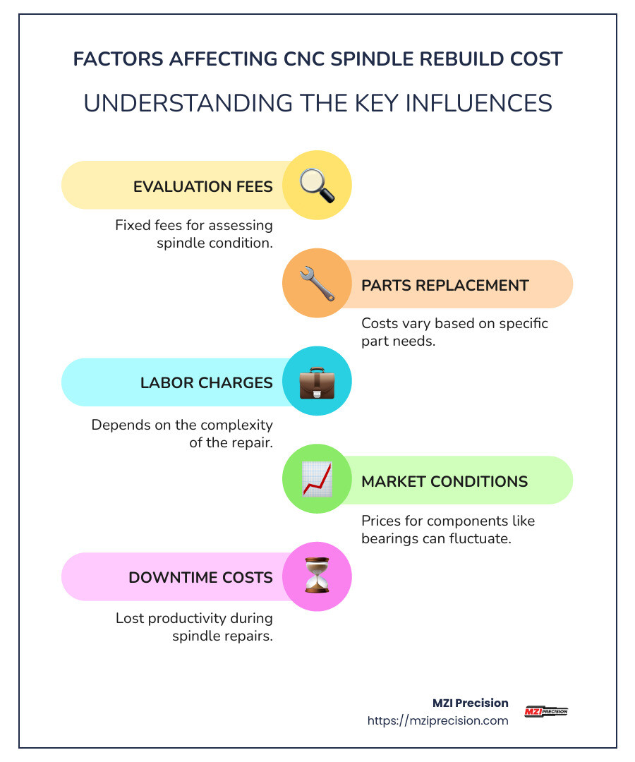 Factors affecting CNC spindle rebuild cost: evaluation fees, part replacement, labor charges, market fluctuations - CNC Spindle Rebuild Cost infographic infographic-line-5-steps-colors