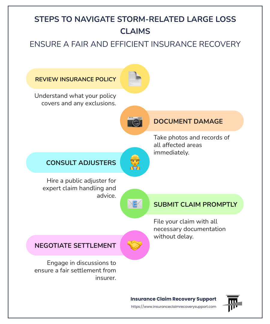 Infographic showing process and benefits of navigating large loss claims resulting from storm damage, including steps to document damage, understand policy coverage, and work with public adjusters - storm-related large loss claims infographic infographic-line-5-steps-colors