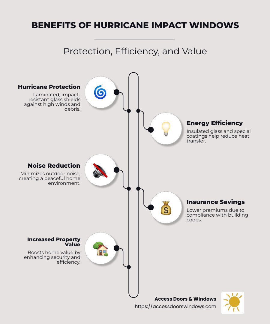 Infographic detailing hurricane protection and energy-saving benefits of impact windows, including impact resistance and thermal efficiency - florida hurricane windows infographic infographic-line-5-steps-neat_beige